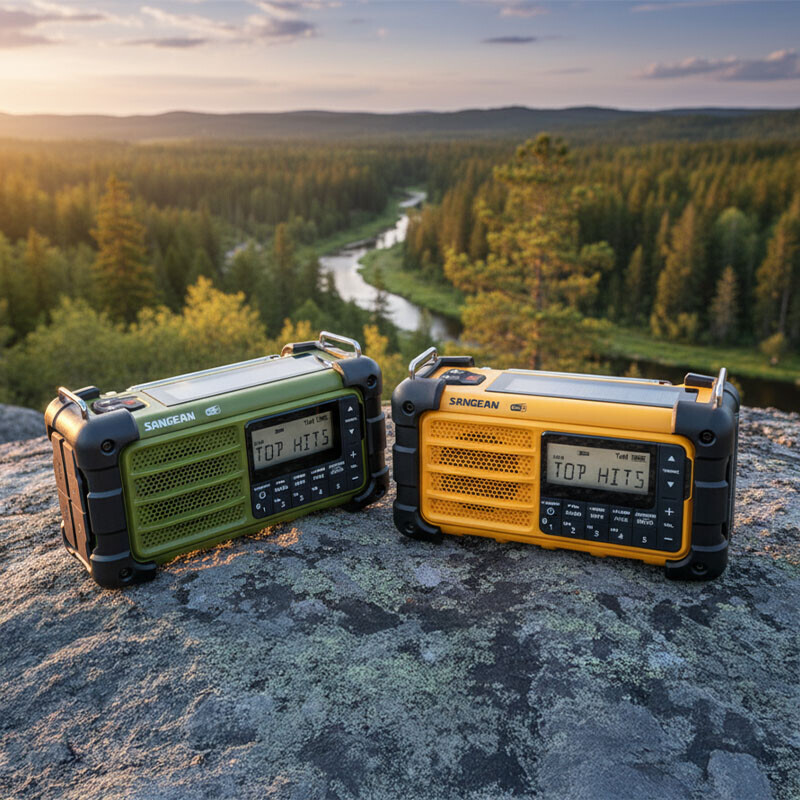 Sangean SDR-900 DAB+/FM Premium Noodradio groen en geel in natuur – outdoor gebruik.