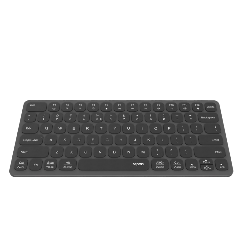 Bovenaanzicht van het Rapoo UCK-6001 ultraslim toetsenbord met compacte QWERTY-indeling en geïntegreerde USB-C multiport hub.