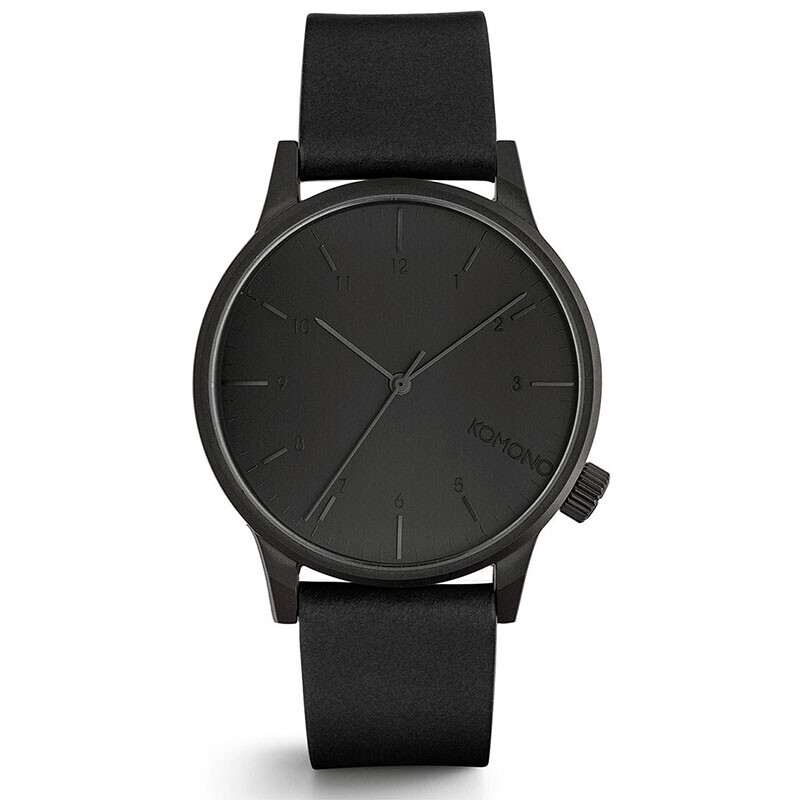 Komono Winston zwart herenhorloge met zwarte leren band – voorkant wijzerplaat
