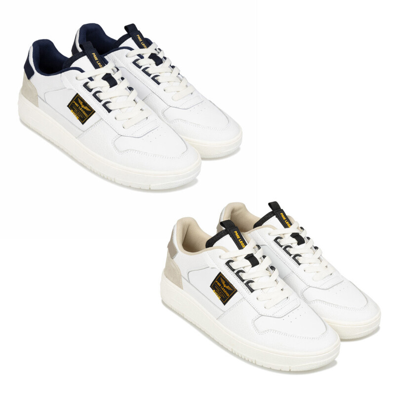 Paar wit/bmarineblauw en wit/beige PME Legend Gobbler sneakers schuin van voren getoond. 