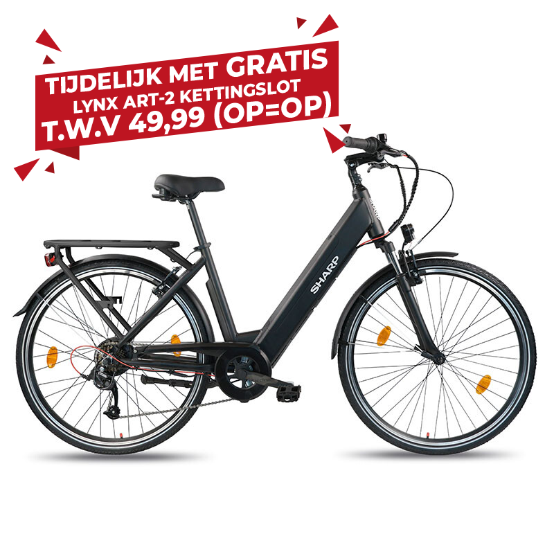 Sharp BK-ED04-EB elektrische fiets in zijaanzicht met stevige bagagedrager en spatborden.
