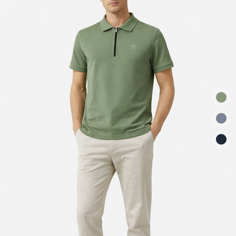 Groene heren polo met ritskraag en beschikbare kleuren opties