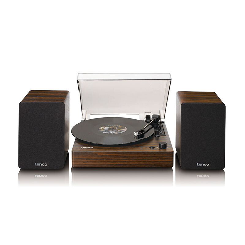 Lenco LS-200WD platenspeler open met speakers en draaiende plaat