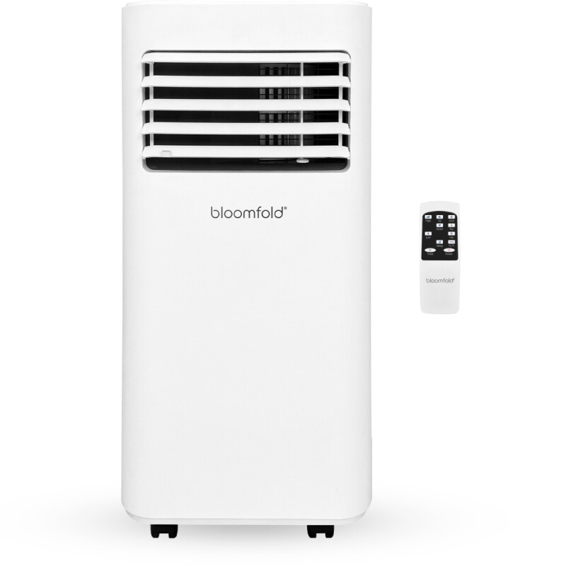 Witte mobiele airco van Bloomfold met meegeleverde afstandsbediening