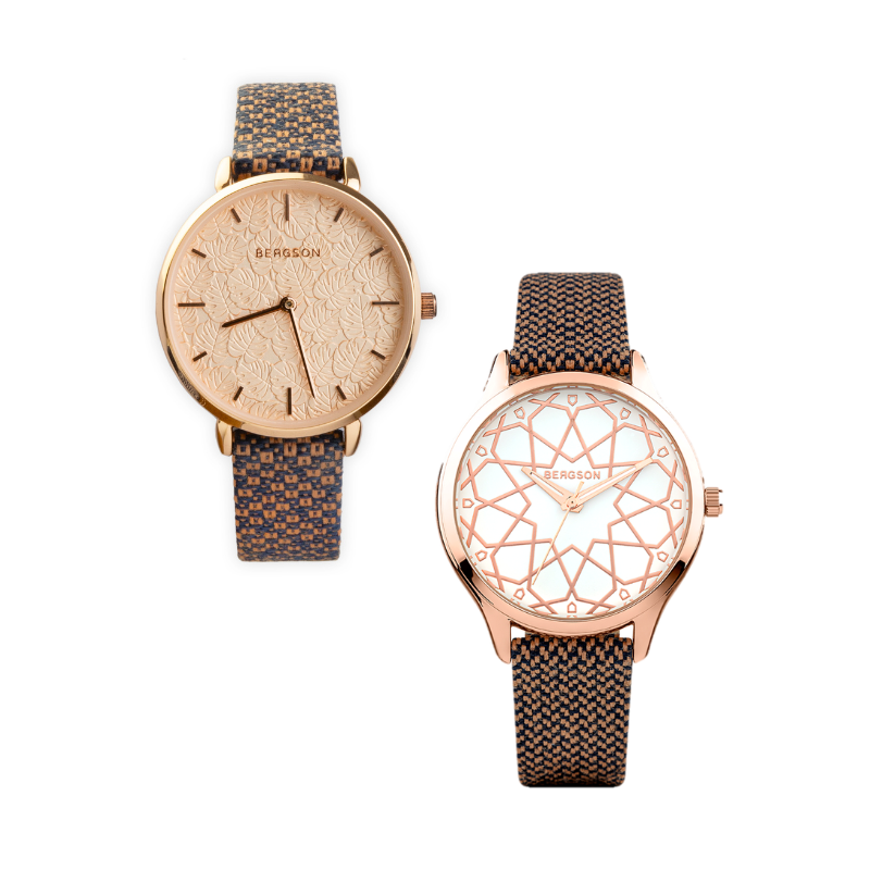 Bergson Ocean dameshorloge in bruin en roségoud met gevlochten band en twee verschillende wijzerplaten naast elkaar afgebeeld.