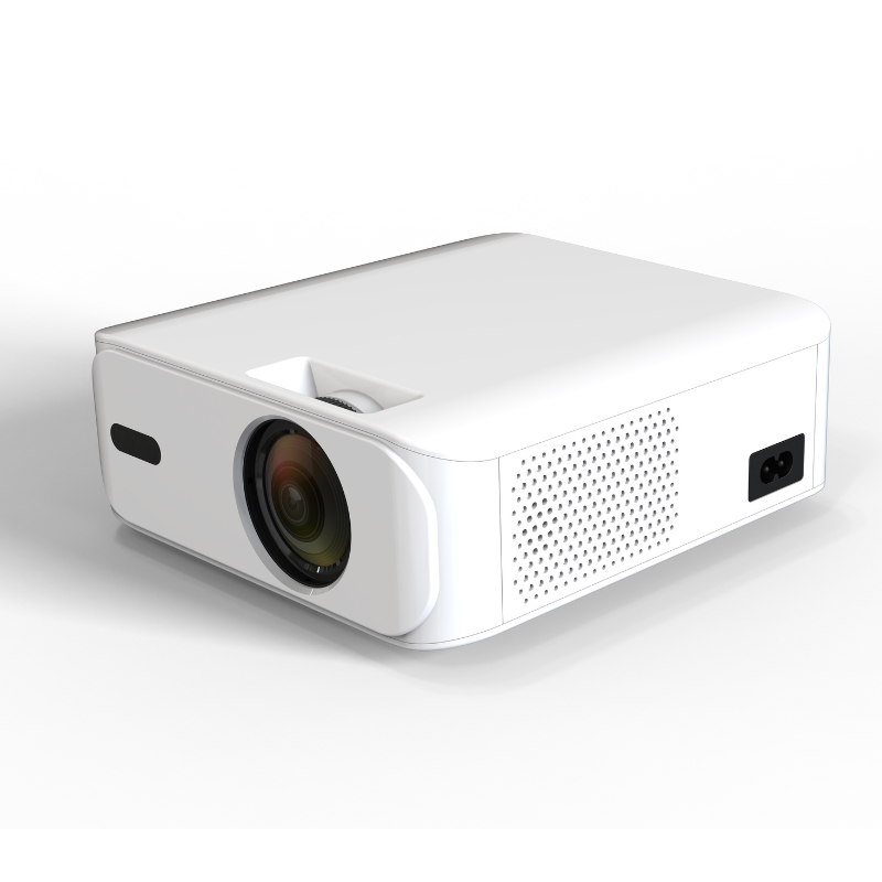 Witte Denver PR4300 4K projector schuin van voren weergegeven met compacte moderne behuizing.
