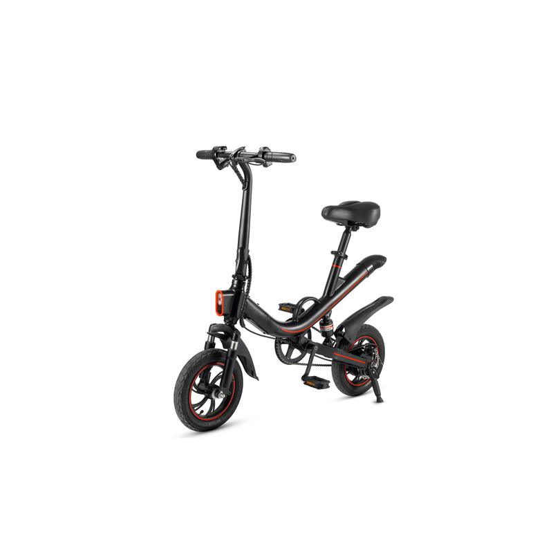 Zwarte Elektrische Vouwfiets met rode details, vooraanzicht. 