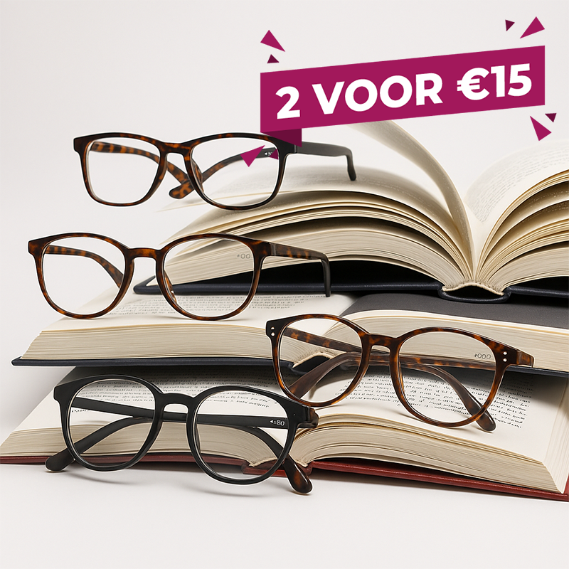Reading by Red leesbrillen in zwart en tortoise montuur op open boeken, lichtgewicht full-rim brillen voor comfortabel lezen thuis of onderweg.