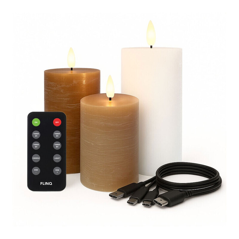 FlinQ LED Rechargeable Pilar Candles set in Urban Nights kleuren met afstandsbediening en USB-C kabels.