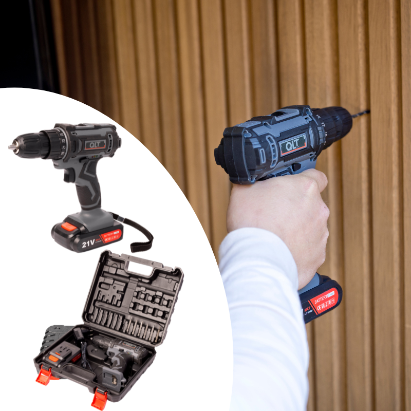 boormachine die in een muur boort met afbeeldingen van de boormachine doos en inhoud van de door 