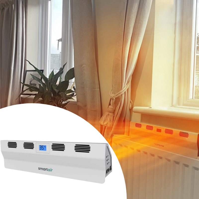 de verwarmingsbooster op de verwarming in een rustieke woonkamer met een bank en een hond op de bank