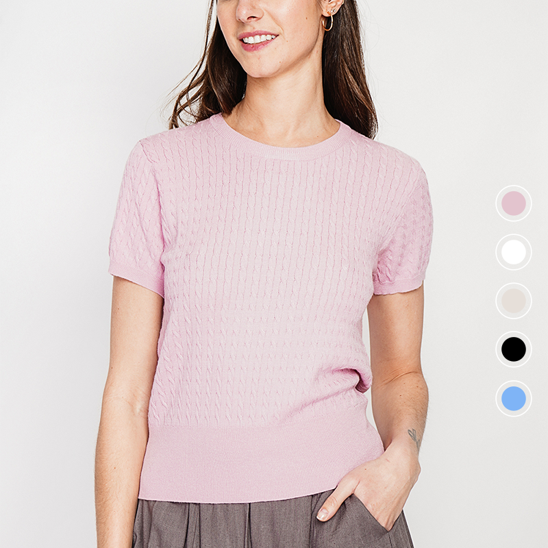 Le Jardin du Lin dames gebreide top roze met korte mouwen en kabelpatroon voorzijde
