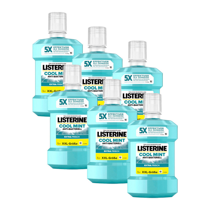 Set van zes flessen Listerine Cool Mint Mondwater van 1 liter met frisse muntkleurige vloeistof.