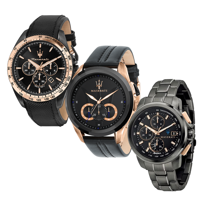 Het Maserati Herenhorloge in drie verschillende kleuren.