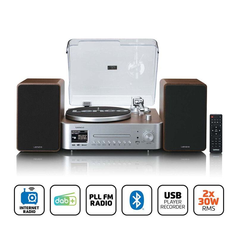 Lenco MC-860WDSI vooraanzicht met iconen voor internet radio, DAB+ en Bluetooth.