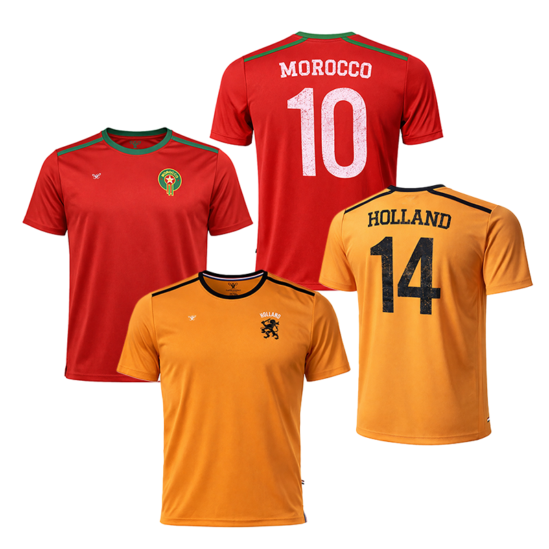 Rode Morocco en oranje Holland T-shirts heren met voor- en achterzijde en rugnummers 10 en 14