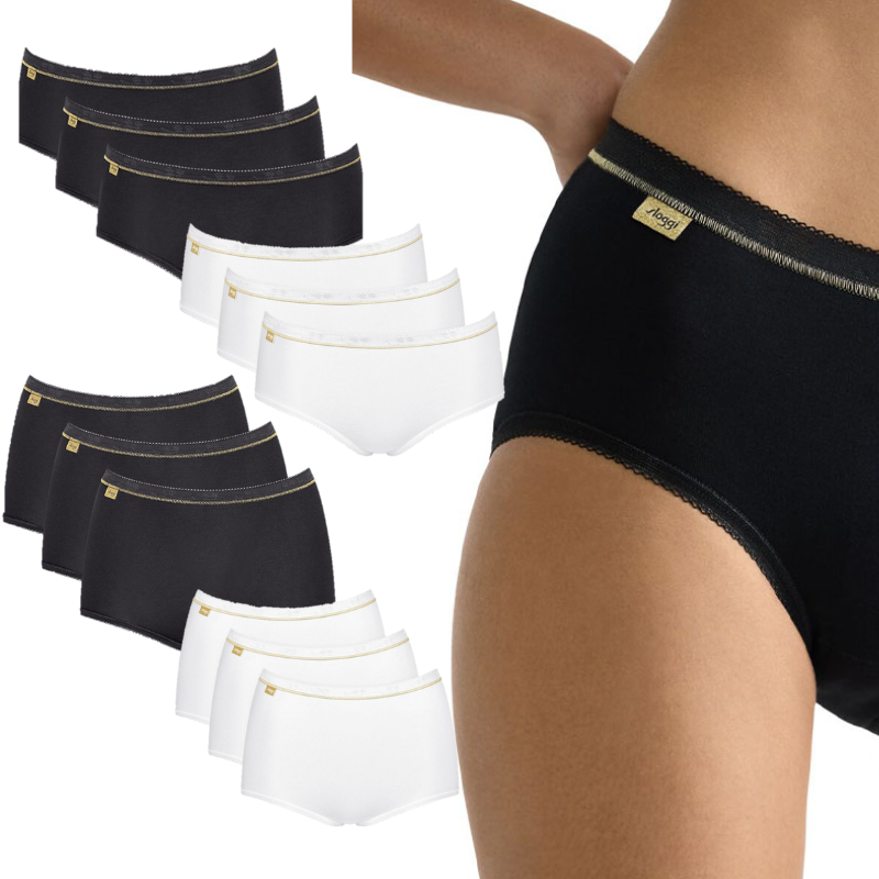 De 3-Pack Sloggi Basic Gold Damesondergoed in beide modellen en kleuren, met daarnaast een model die de zwarte slip draagt. 