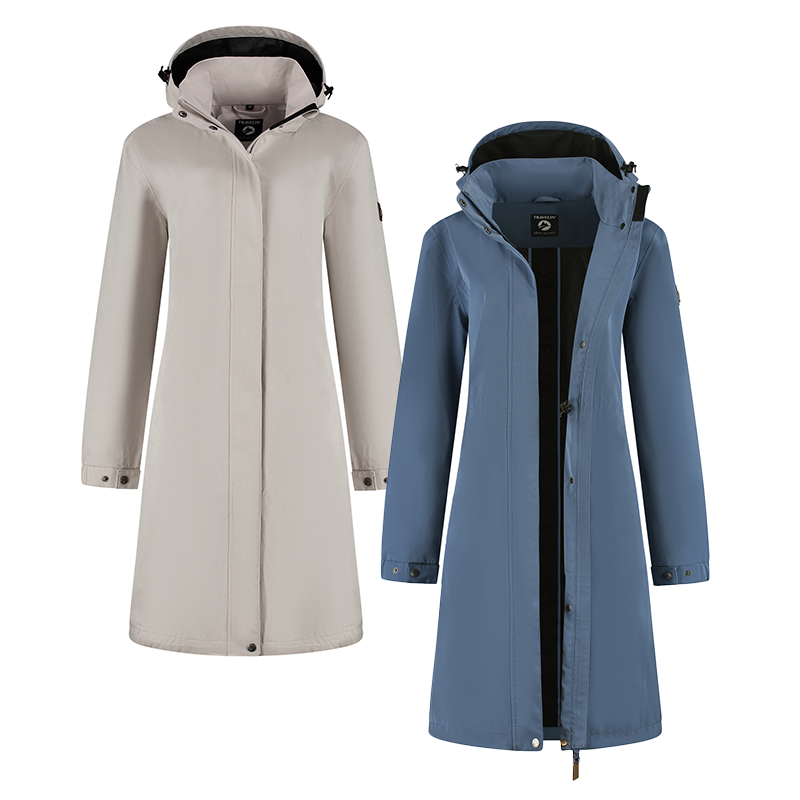 Lichtbeige en blauwe damesjas