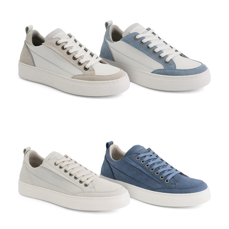 De Travelin' Sneakers Camber of Caris in heren en damesmodel in wit en blauw.