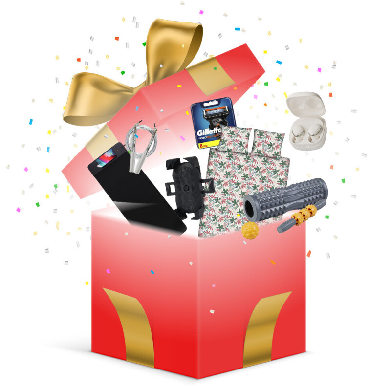 De verrassingsbox bevat een assortiment van artikelen. 