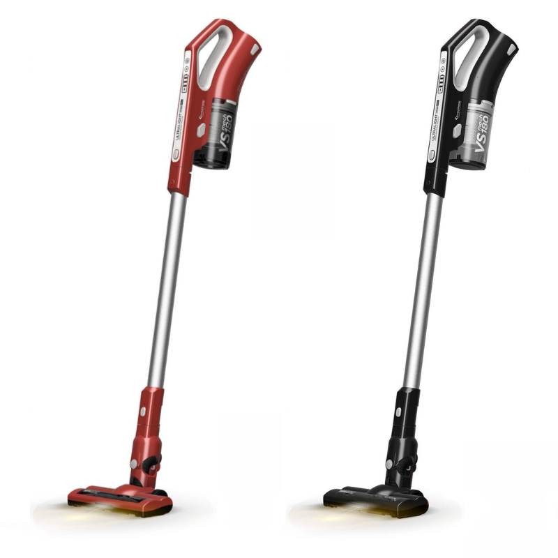 De TurboTronic VS180 Draadloze Steelstofzuiger in rood en zwart. 