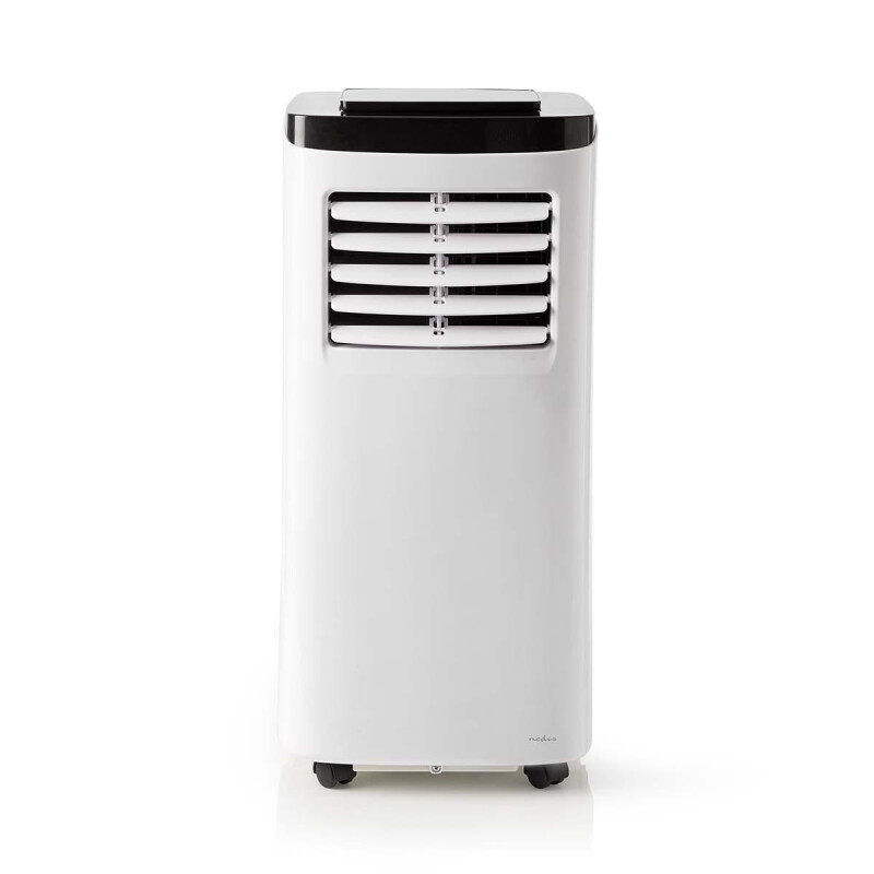Voorzijde van de Nedis SmartLife 3-in-1 Airco 7000 BTU in wit design met luchtuitlaat en wielen.
