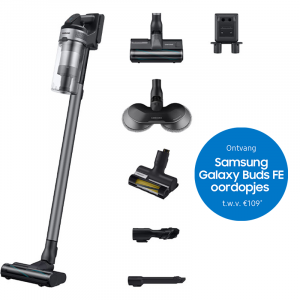 Samsung JET 75E Pro Steelstofzuiger met accessoires en gratis oordopjes.