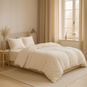 Sfeerbeeld slaapkamer met beige flanellen dekbedovertrek op opgemaakt bed