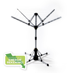 EzeeSpinner Deluxe droogrek volledig uitgeklapt met roterende armen en waslijnen