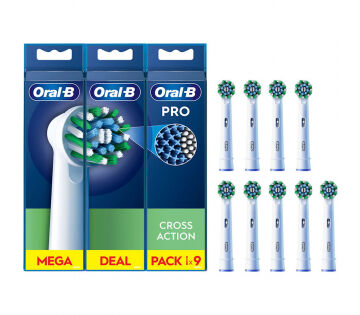 De 9 stuks Oral-B Cross Action opzetborstels.