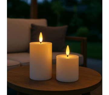 Set van 2 FlinQ Oplaadbare LED Outdoor Kaarsen in wit.