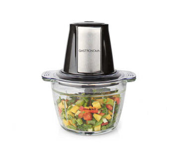 Gastronoma Minihakmolen 500W met glazen hakkom gevuld met groente – stijlvolle hakmolen met RVS behuizing. Gastronoma Minihakmolen 500W met glazen hakkom gevuld met groente – stijlvolle hakmolen met RVS behuizing.