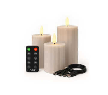 Set van 3 FlinQ Oplaadbare LED Kaars met Rib met afstandsbediening en oplader.