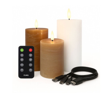 FlinQ LED Rechargeable Pilar Candles set in Urban Nights kleuren met afstandsbediening en USB-C kabels.