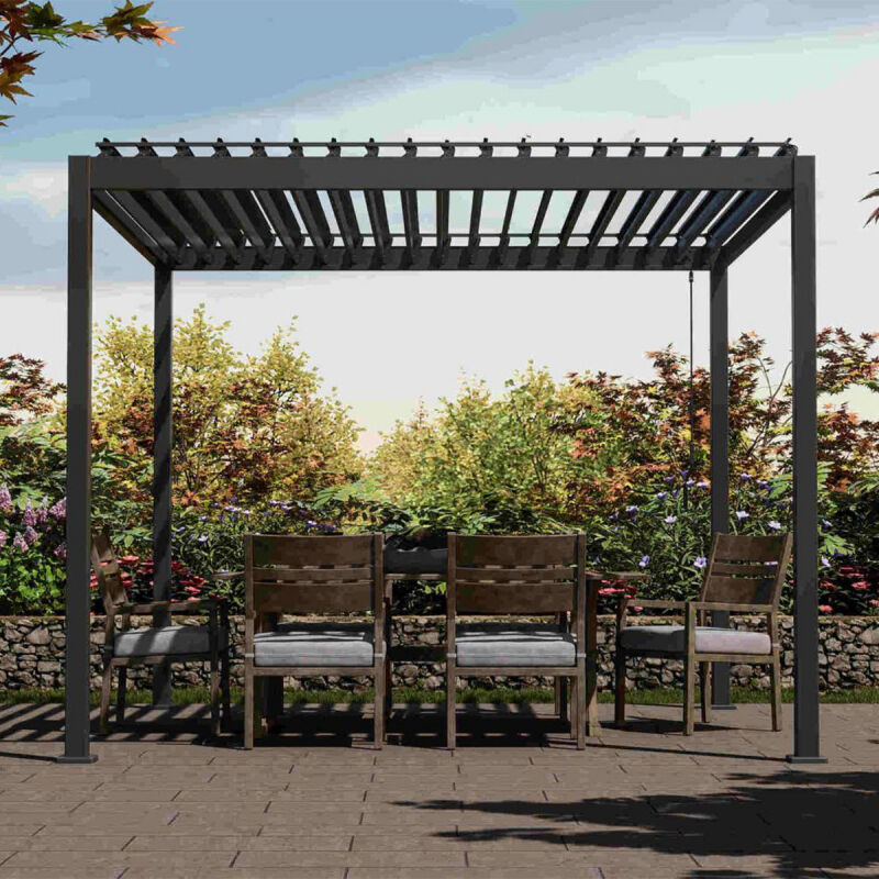 De Basic Aluminium Terrasoverkapping met Lamellen is over een terras geplaatst. 