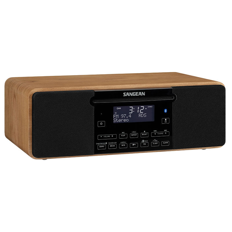 Afbeelding van de Sangean DDR-53BT radio met zwart frontpaneel, display en bedieningsknoppen.