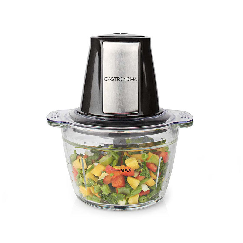 Gastronoma Minihakmolen 500W met glazen hakkom gevuld met groente – stijlvolle hakmolen met RVS behuizing.