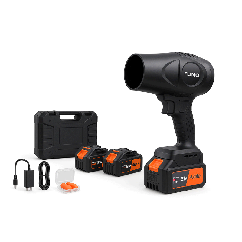 FlinQ Portable Hand Blower met alle accessoires.