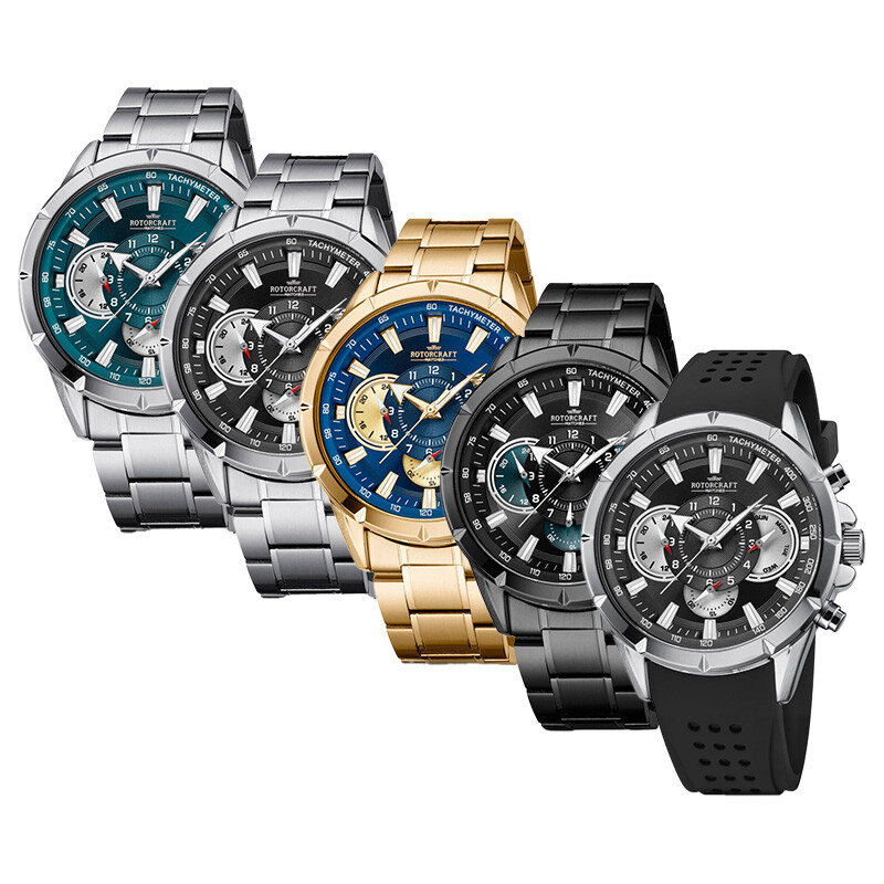 Groepsfoto van vijf Rotorcraft Savage horloges in verschillende uitvoeringen: zilverkleurig met blauwe wijzerplaat, zilverkleurig met zwarte wijzerplaat, goudkleurig met blauwe wijzerplaat, zwart met blauw-zwarte wijzerplaat en zilverkleurig model met zwa