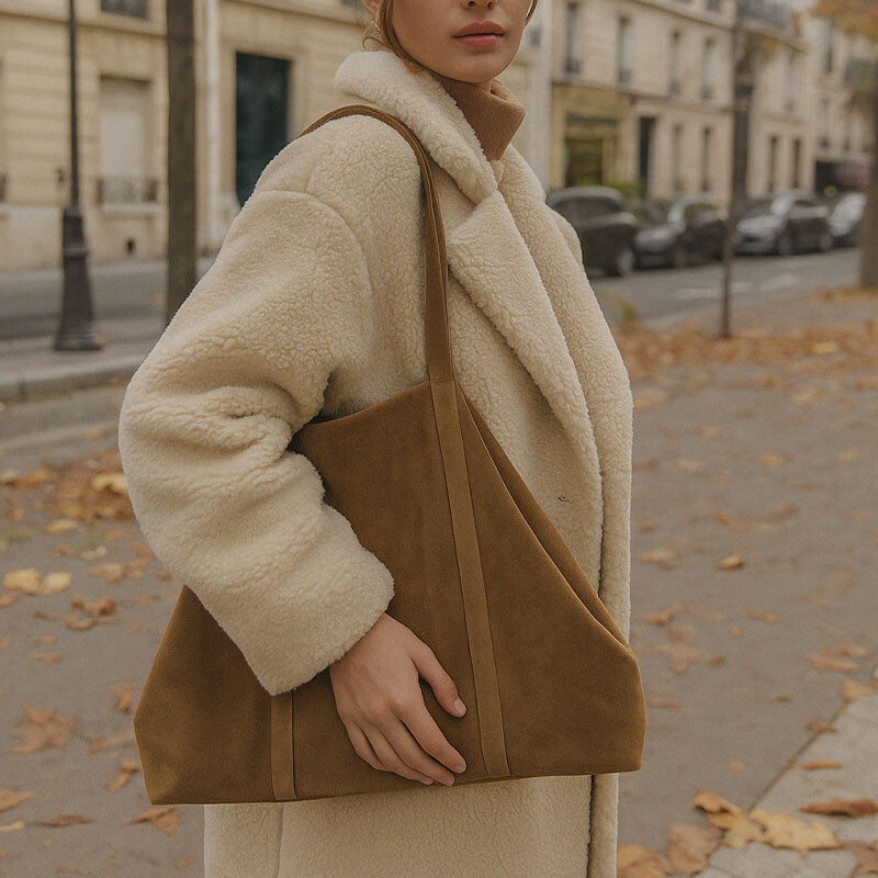Bruine suède DSTRCT shopper gedragen door vrouw in beige teddyjas op straat