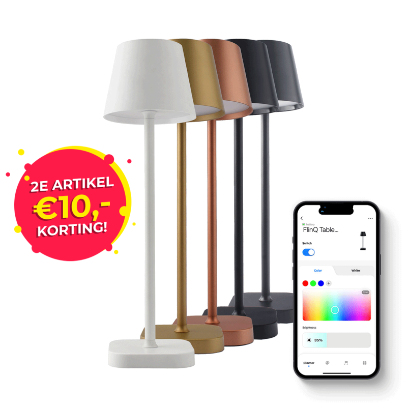FlinQ Smart Draadloze LED Tafellamp in alle kleuren met app.