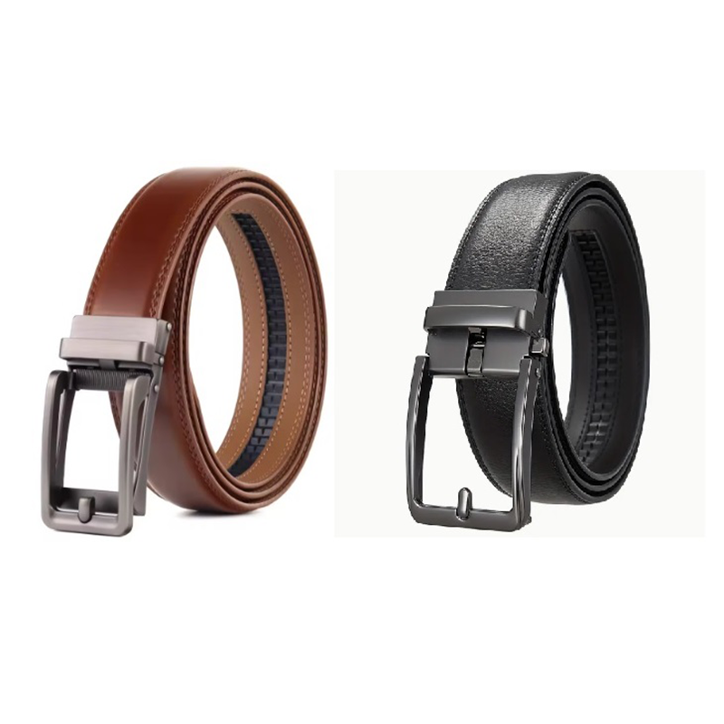 Set van twee DSTRCT verstelbare lederen herenriemen zonder gaatjes in cognac en zwart, met automatische gesp en railsysteem.