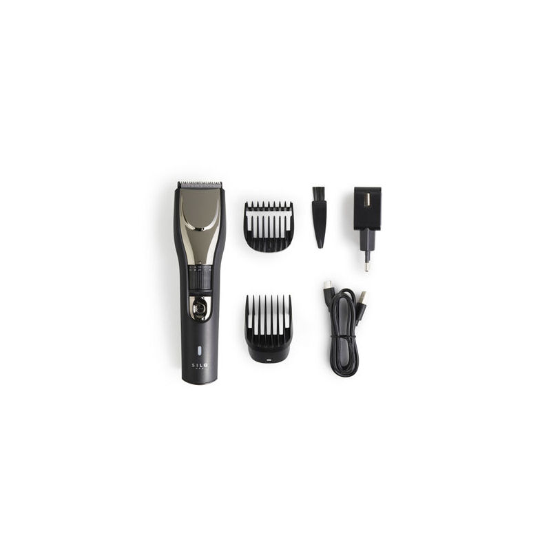 De 6-Delige Silq Men Gezichtshaar Trimmer wordt geleverd met 2 kammen, een schoonmaakborsteltje en een oplaadkabel. 