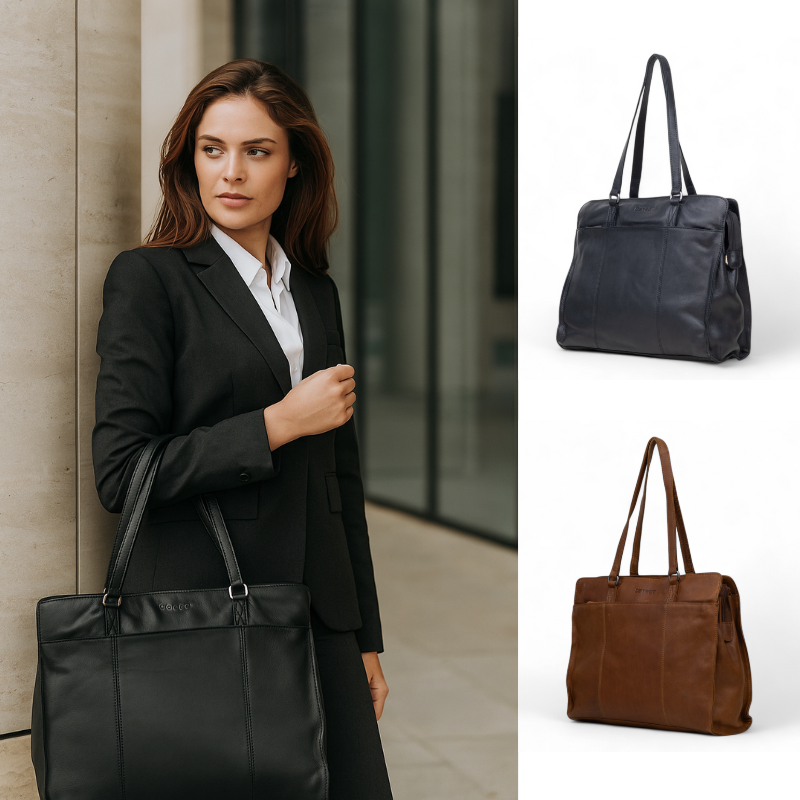 DSTRCT Lederen Werktas in zwart en cognac.