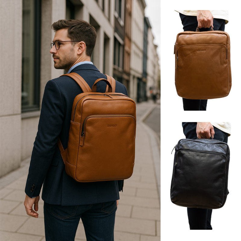 DSTRCT Lederen Rugtas met Laptopvak in zwart en cognac.