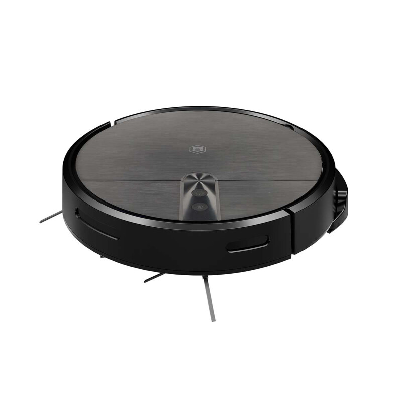 Zwarte Nedis 3-in-1 Smart Wi-Fi robotstofzuiger in vooraanzicht met laag profiel en centrale bedieningselementen.