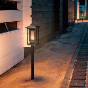 De 2-Pack Hyundai Lighting Luxe Solar Padverlichting Fakkel staat in een tuin. 