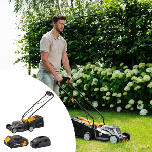 De Batavia Maxxpack Grasmaaier met Accu en Snellader.