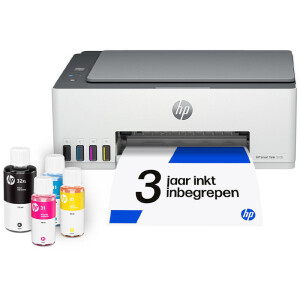 HP Smart Tank 5105 printer met meegeleverde inktflessen en 3 jaar inkt inbegrepen.