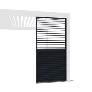 Antraciet aluminium pergola met horizontale lamellenwand, zijaanzicht op witte achtergrond